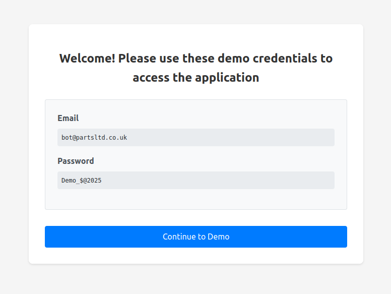 Credentials page for PARTS Enterprise sandbox project.