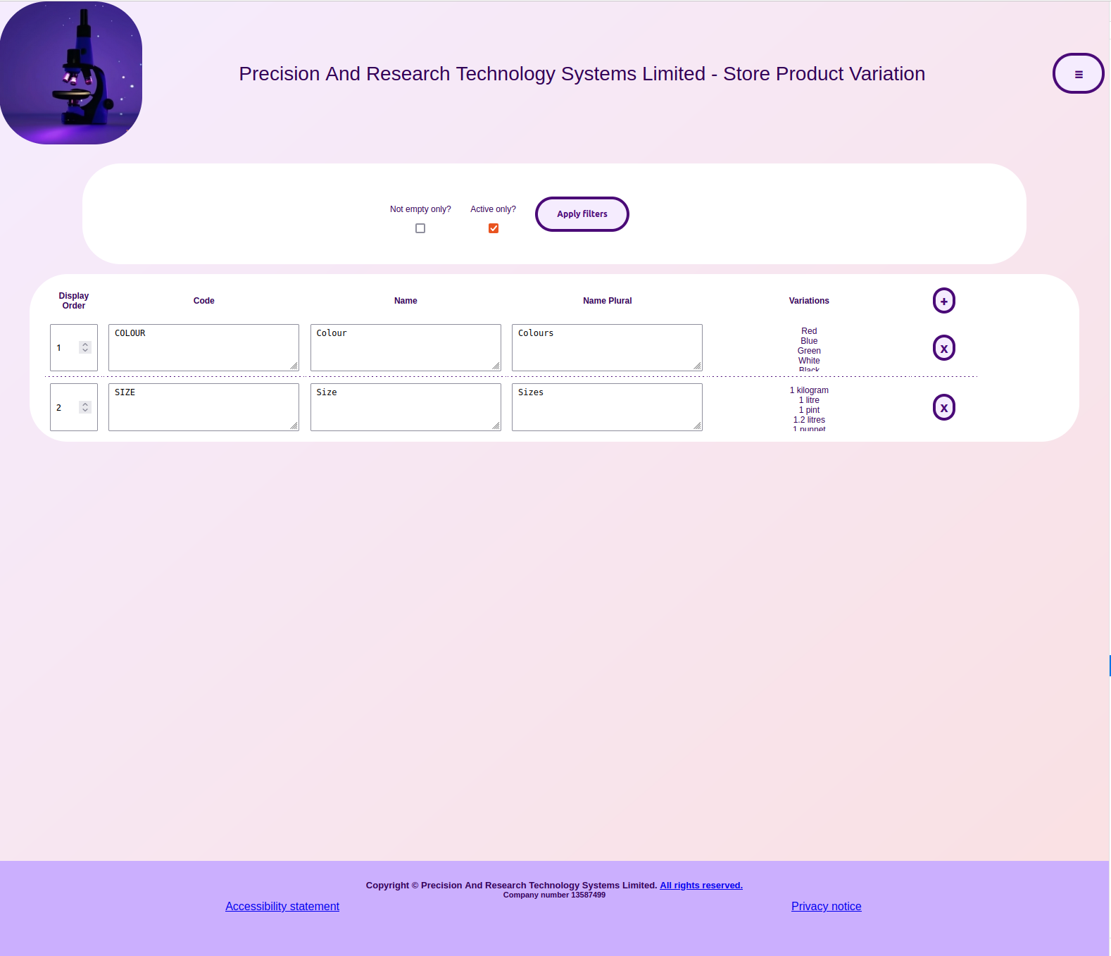 Product Variation page